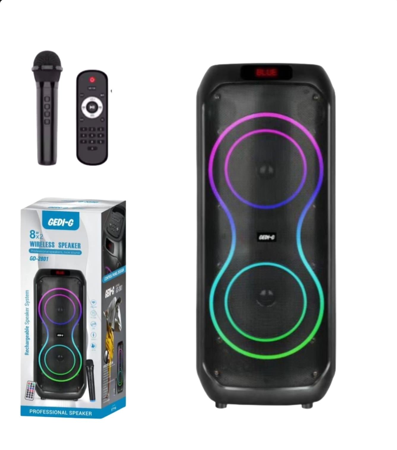 רמקול בידורית נייד 8*2 אינץ GD-2801 20W כולל מיקרופון אלחוטי ושלט