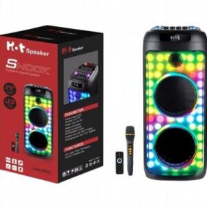 בידורית קריוקי ניידת 2×8 אינץ' עם מיקרופון אלחוטי ותאורת לד – דגם HOT-8003