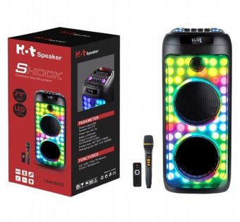 בידורית קריוקי ניידת 2×8 אינץ' עם מיקרופון אלחוטי ותאורת לד – דגם HOT-8003